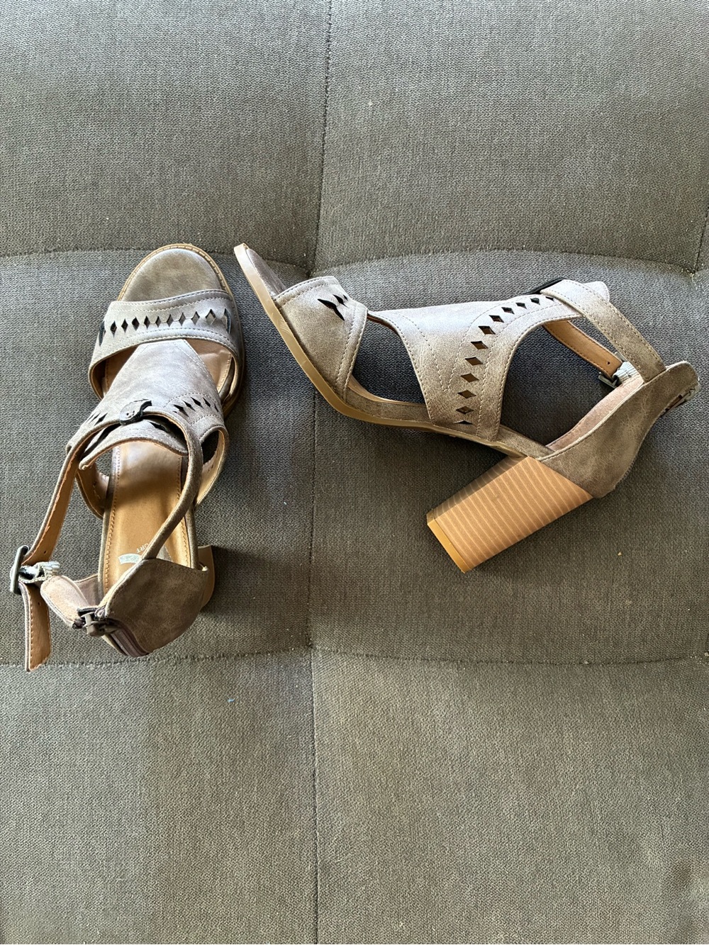 Report Taupe Suede Ankle Strap Block Heel Booties